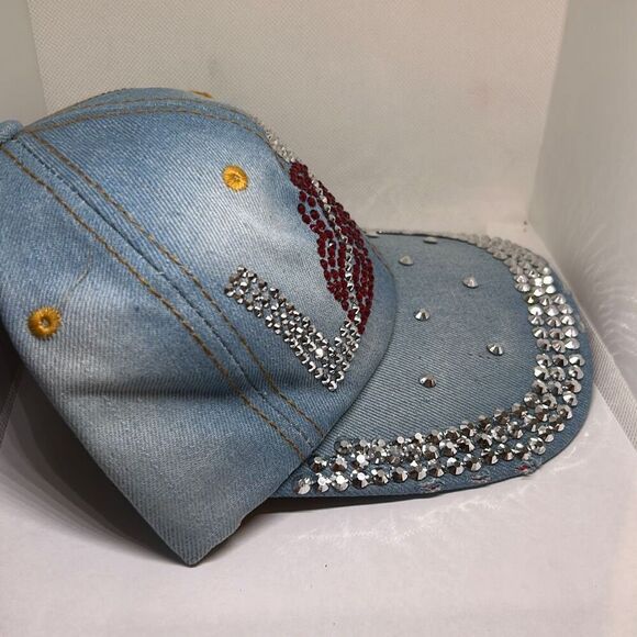Distressed Denim Rhinestone LOVE Baseball Cap - Picture 3 of 4